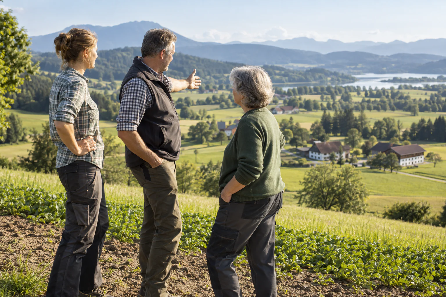 Drei landwirtschaftliche Generationen blicken gemeinsam über Höfe und Felder