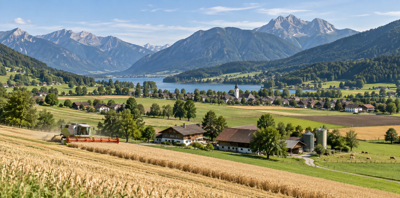 Österreichische Agrarregion mit Höfen, Getreidefeldern, Wiesen und laufender Ernte